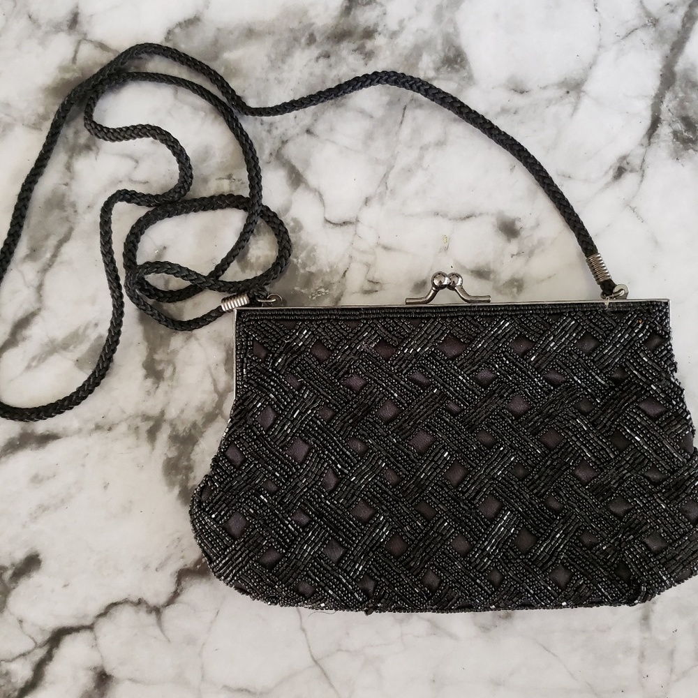 Black Beaded Going Out Clutch with top clasp